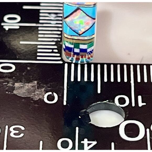 Native American ZUNI Sterling Silver Multi Gem Micro Inlay Hoop Earrings Signed - Picture 14 of 15